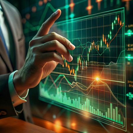 Close up of businessman hand touching with finger virtual panel with infographs