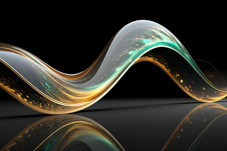 abstract 3d illustration of golden waves with reflection on black backgroundの写真素材