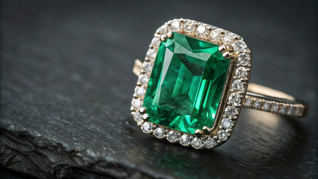 Emerald ring on black stone background close up. Jewelry background