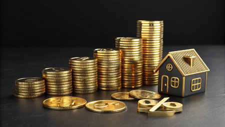 Real estate investment concept. Golden coins stack and house model on black background.の写真素材