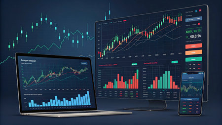 Laptop, mobile phone and stock market chart on screen. 3D renderingの写真素材
