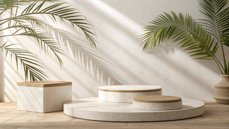 3D render of a white marble podium with palm leaves in the backgroundの写真素材