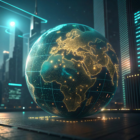 Globe with glowing lines and dots on blurry city background. Global business concept. 3D Renderingの写真素材