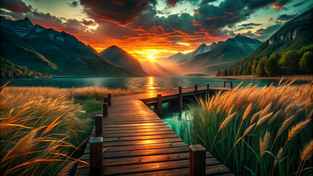 Wooden boardwalk on the lake in the mountains at sunset.の写真素材
