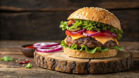Homemade hamburger with fresh vegetables on rustic wooden background.の写真素材