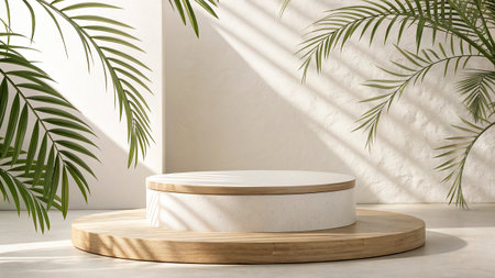 3d render of podium for product display with palm leaf shadow on the wall.の写真素材