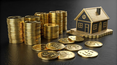 Real estate concept. Home, coins and house on black background.の写真素材