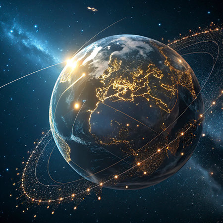 Earth from space showing all the connection lines around the world. 3D renderingの写真素材