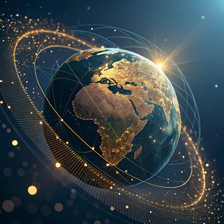 Best Internet Concept of global business. Globe, glowing lines on technological background. Wi-Fi, rays, symbols Internet, 3D illustrationの写真素材