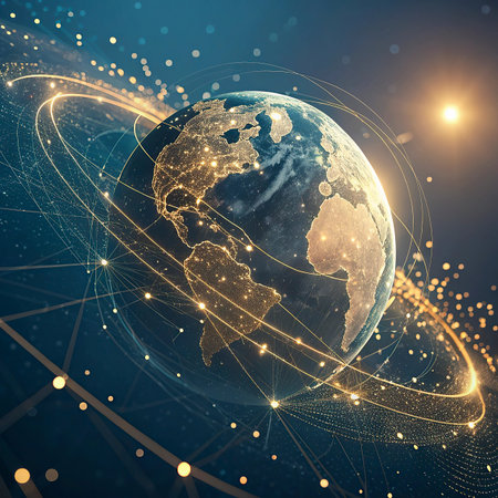 Best Internet Concept of global business. Globe, glowing lines on technological background. Wi-Fi, rays, symbols Internet, 3D illustrationの写真素材
