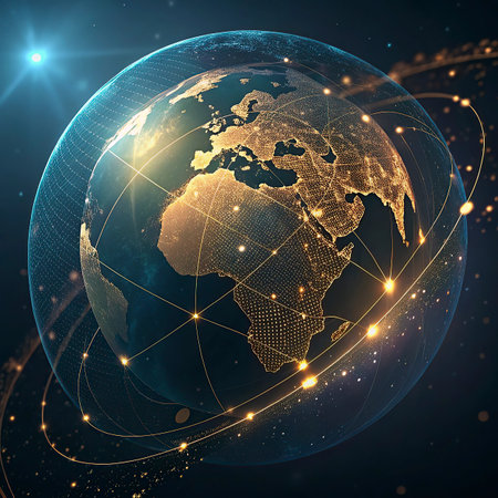 World map on a technological background, glowing lines symbols of the Internet, radio, television, mobile and satellite communications.の写真素材