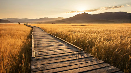 Wooden path in wheat field with mountains in the background at sunsetの写真素材