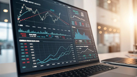 Laptop with financial charts and graphs on screen. 3d rendering