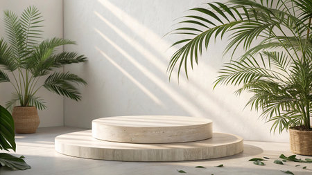 3d render of white podium for product display with palm leaves in the roomの写真素材
