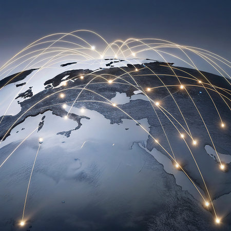 World map on a technological background glowing lines symbolsizing the connection, communication and travel.の写真素材
