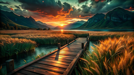Wooden boardwalk leading to the mountain lake at sunsetの写真素材
