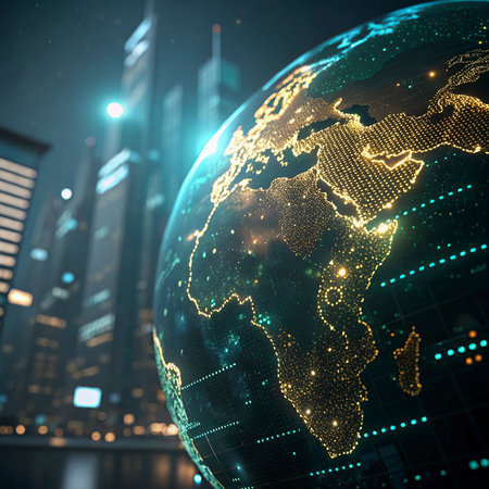Glowing digital world map on blurry city background. 3D Renderingの写真素材