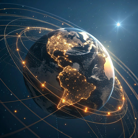 Best Internet Concept of global business. Globe, glowing lines on technological background. Wi-Fi, rays, symbols Internet, 3D illustrationの写真素材