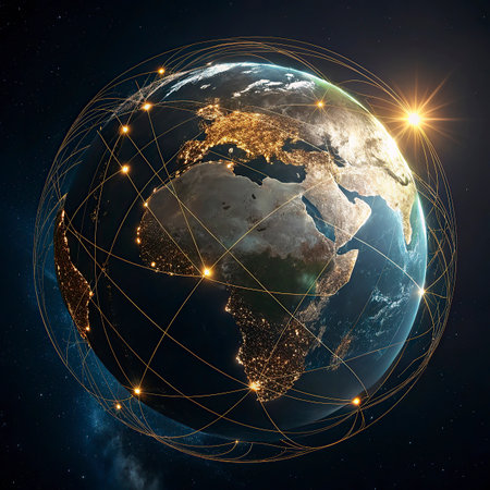 Planet Earth with network representing international communication, technology and travel. 3D illustration.の写真素材