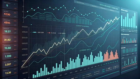 Futuristic virtual graphic touch user interface with charts and diagrams. 3d renderingの写真素材
