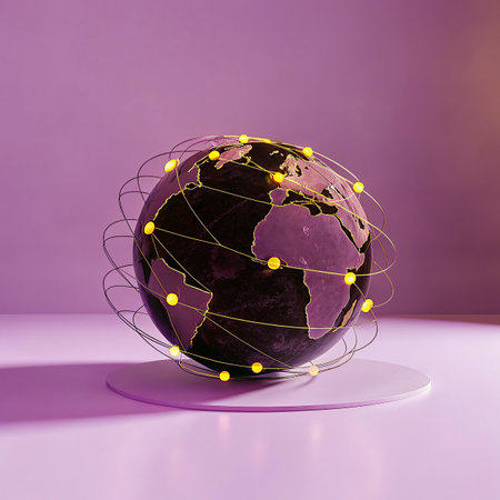 Globe with glowing lines on a purple background. 3d rendering
