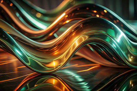 3d rendering of abstract metallic wavy background with glowing lines.の写真素材