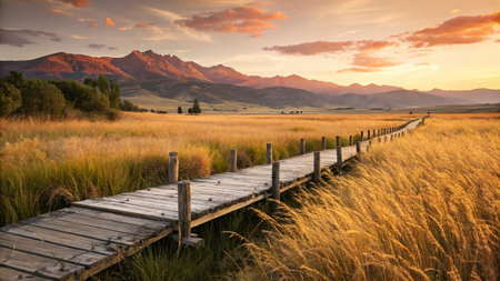Wooden boardwalk in the grassland at sunset, New Zealandの写真素材
