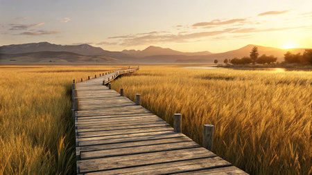 Wooden path in the field of wheat at sunset, New Zealandの写真素材