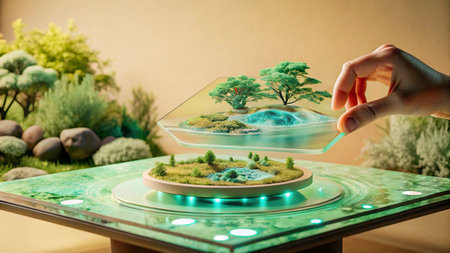 Woman's hand holding a small model of a tree on a glass plateの写真素材