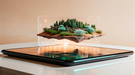 Tablet with a miniature landscape on the screen, closeupの写真素材