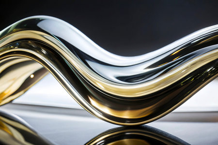 Close up of a silver and black curved glass abstract background with reflectionの写真素材