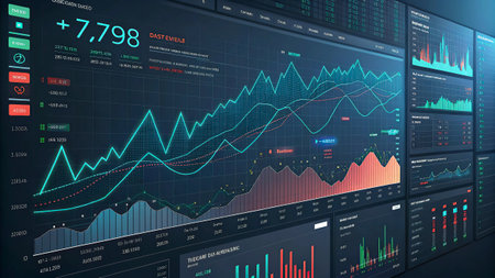 Futuristic screen with stock market data and charts. 3d renderingの写真素材