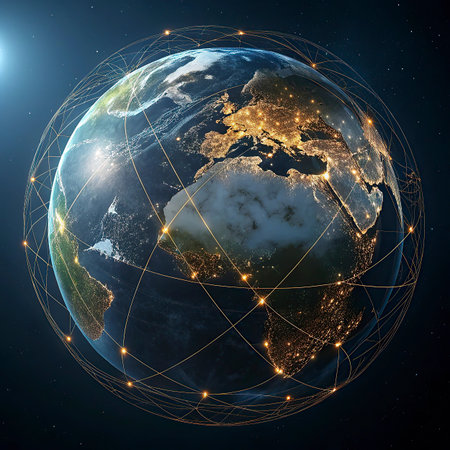 Planet Earth from space with network representing international communication, technology and travel. 3D illustration.の写真素材