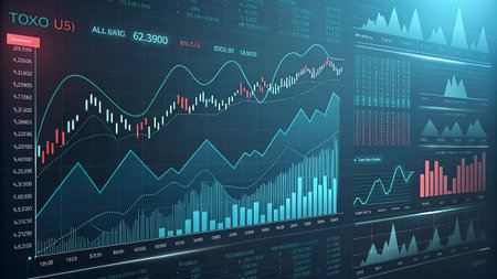 Stock market or forex trading graph and candlestick chart suitable for financial investment concept. Economy trends background for business idea and all art work design. Abstract finance background.の写真素材