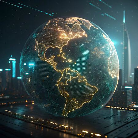 Glowing planet Earth hologram on blurry city background. Globalization concept. 3D Renderingの写真素材