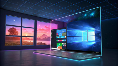 Laptop with app on screen in the room. 3d rendering.の写真素材