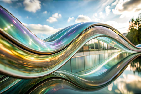 Abstract metal curve shape with blue sky and white clouds background. Modern architecture concept.の写真素材