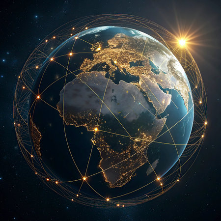 Earth planet with network representing international communication, technology and travel. 3D illustration.の写真素材