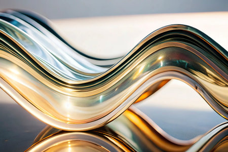 Closeup detail of golden and silver curved glass background. Shallow depth of field.の写真素材