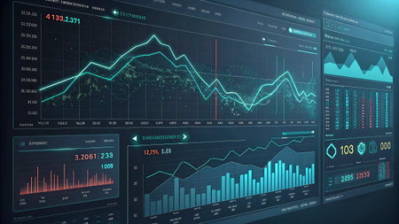 Futuristic user interface with graphs and charts. Stock market concept. 3D Renderingの写真素材