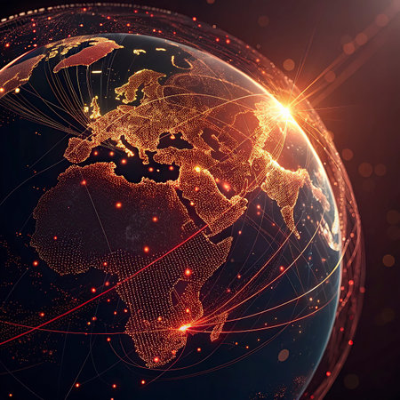World map with glowing lines, concept of global communication. 3D illustration.の写真素材