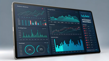 Touch screen tablet pc with stock market data on screen. 3d rendering