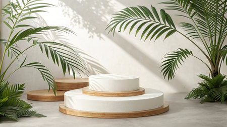 3d render of minimal geometric podium with palm leaves in white roomの写真素材