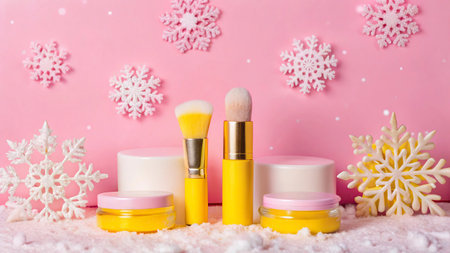 Cosmetic branding, make-up and skincare concept - Skin care products on pink background, Christmas cosmetics and snowflakesの写真素材