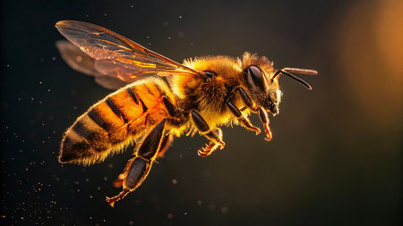 Macro shot of a bee in flight on a black background.の写真素材