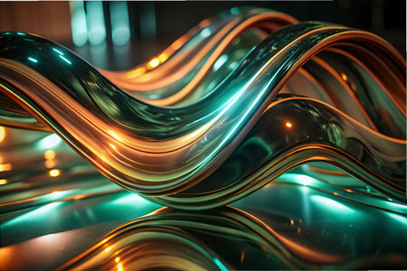 3d render, abstract background with glowing glass waves. Close-up.