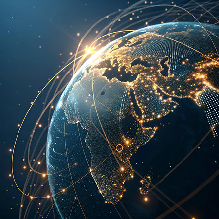 World map with glowing lines and particles. Global network connection. 3D illustration.の写真素材