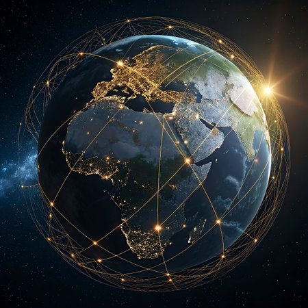 Earth planet with network representing international communication, technology and travel. 3D illustration.の写真素材