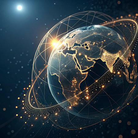 Best Internet Concept of global business. Globe, glowing lines on technological background. Wi-Fi, rays, symbols Internet, 3D illustrationの写真素材