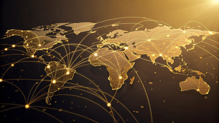 World map with glowing lines and dots. Global network connection. Vector illustration.
